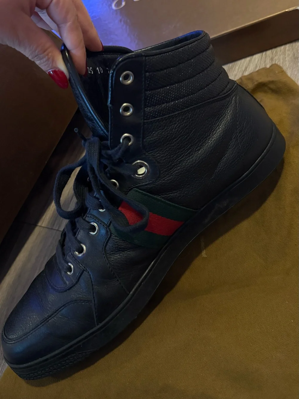 Gucci Men’s Black Leather High-Top Sneaker with Green and Red Web